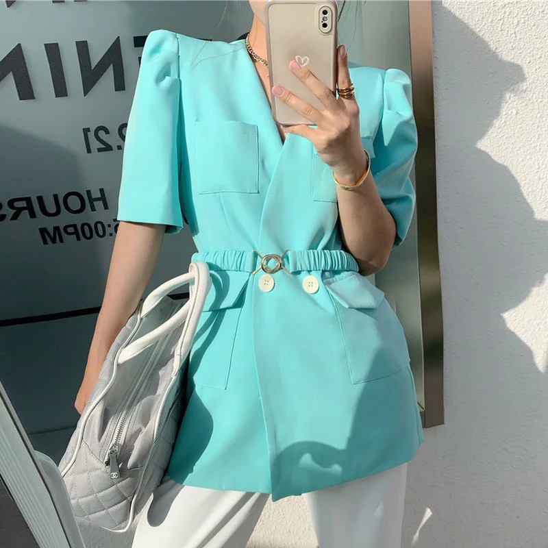Elegant Blue V-neck Puff Sleeve Blazer Jacket Ladies Belt Summer Fashion Elegant Office Worker Lady White Short Sleeve Clothing