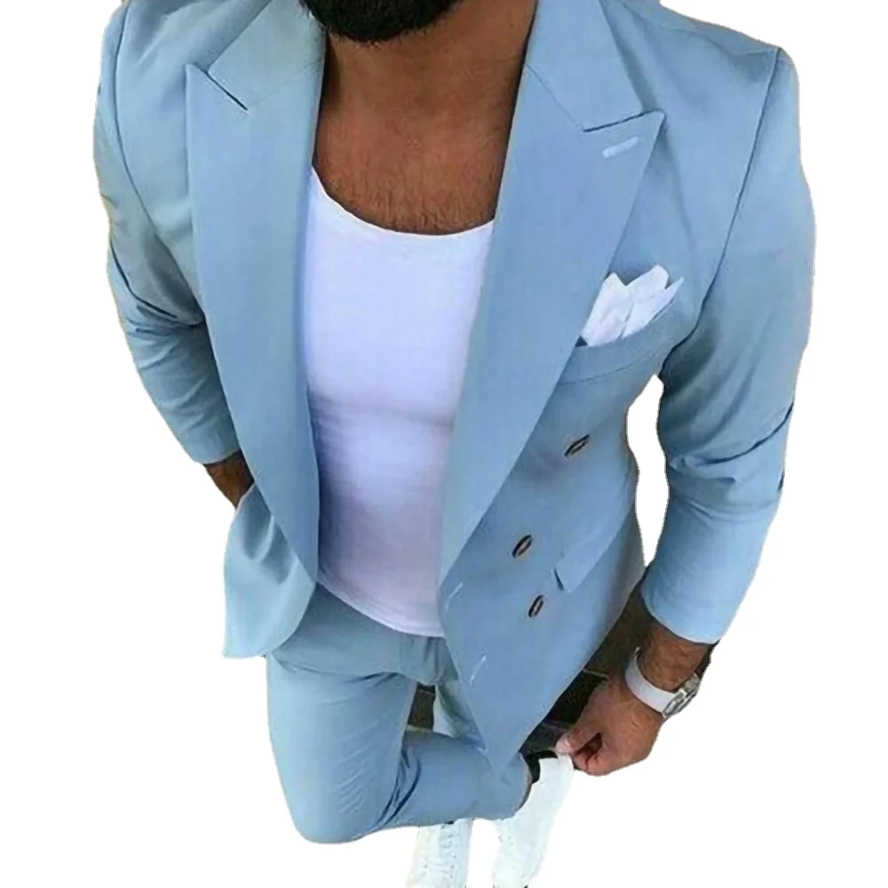 Summer Light Blue Slim Fit Men Suits For Groom Wedding Double Breasted Tuxedo 2 Piece Jacket Pants Set Formal Prom Costume Homme