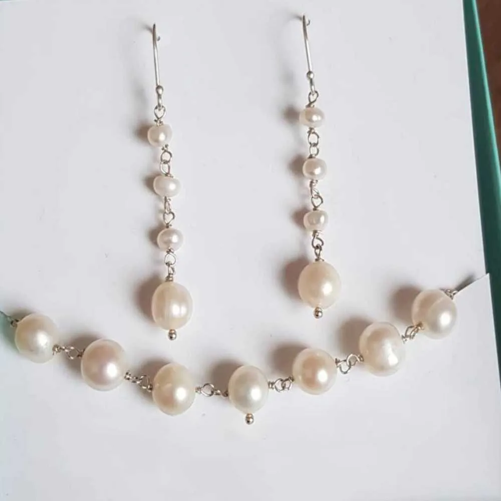 

Fashion White Freshwater pearl necklace and earring set Crystal Men Fashion New Gift Wedding Beads Chakra Craft Reiki Tibetan