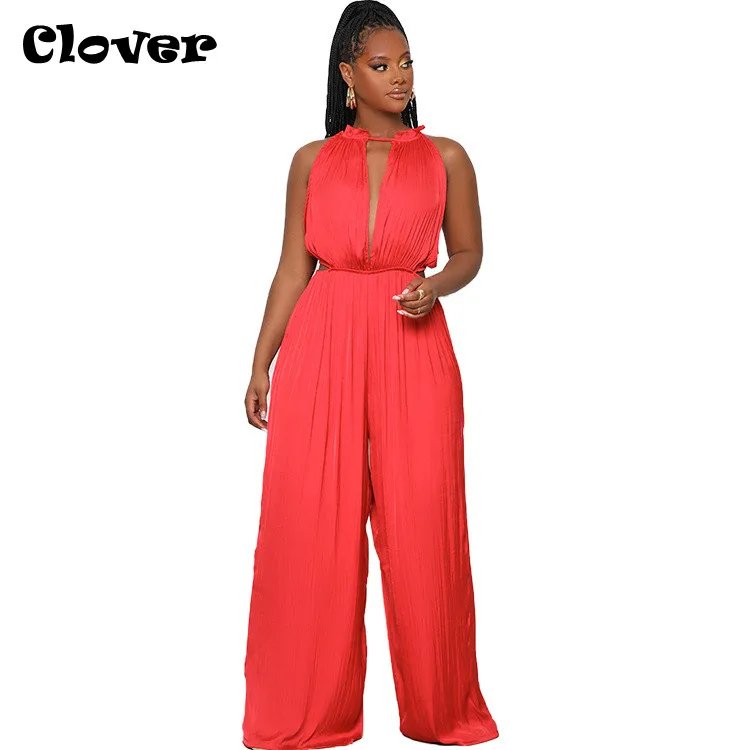 

Chiclover Summer Soft Satin Sexy Deep V Neck Jumpsuit Women Straight Long Pants Elegant Pleated Solid Color Romper Dropshipping