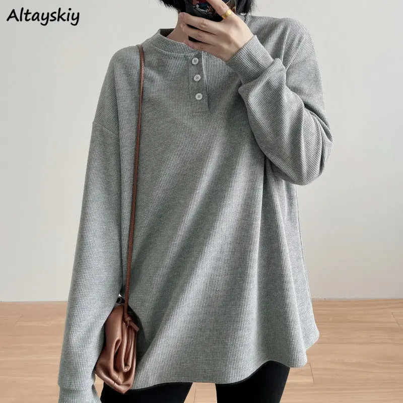

Long Sleeve T-shirts Women Simple Button Solid O-Neck Casual Loose Students College All-match Breathable Comfort Ulzzang Fashion