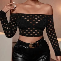 ladies sexy hollow midriff baring tops women leisure style solid color strapless long sleeve blouse slim base shirt