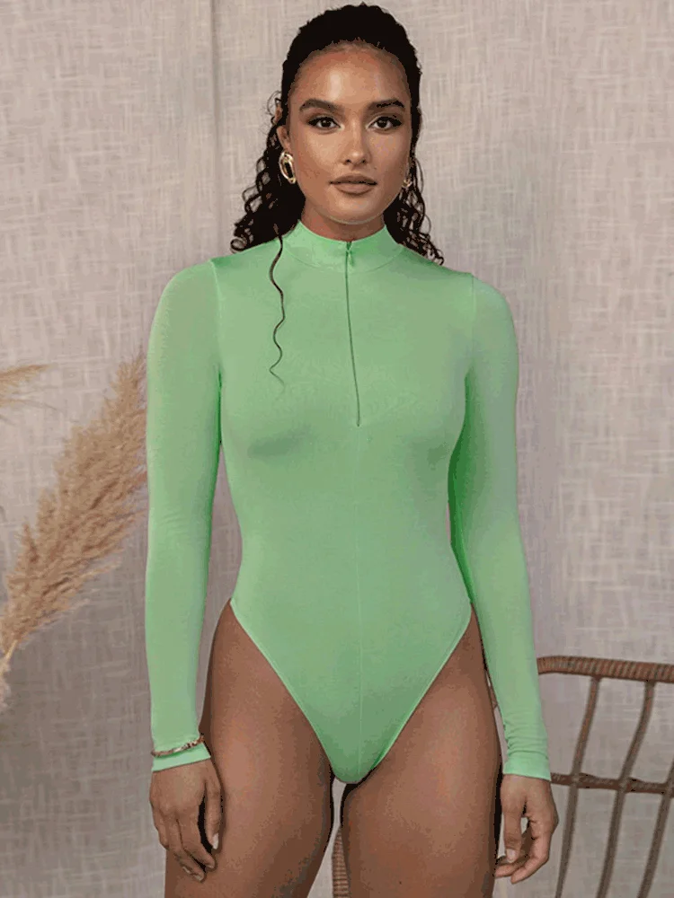 Ladies Club Wear Y2K Long Sleeve V-Neck Bodycon Skinny Zip Up Bodysuit For Fall Clothes Women Streetwear Fashion Romper Outfits