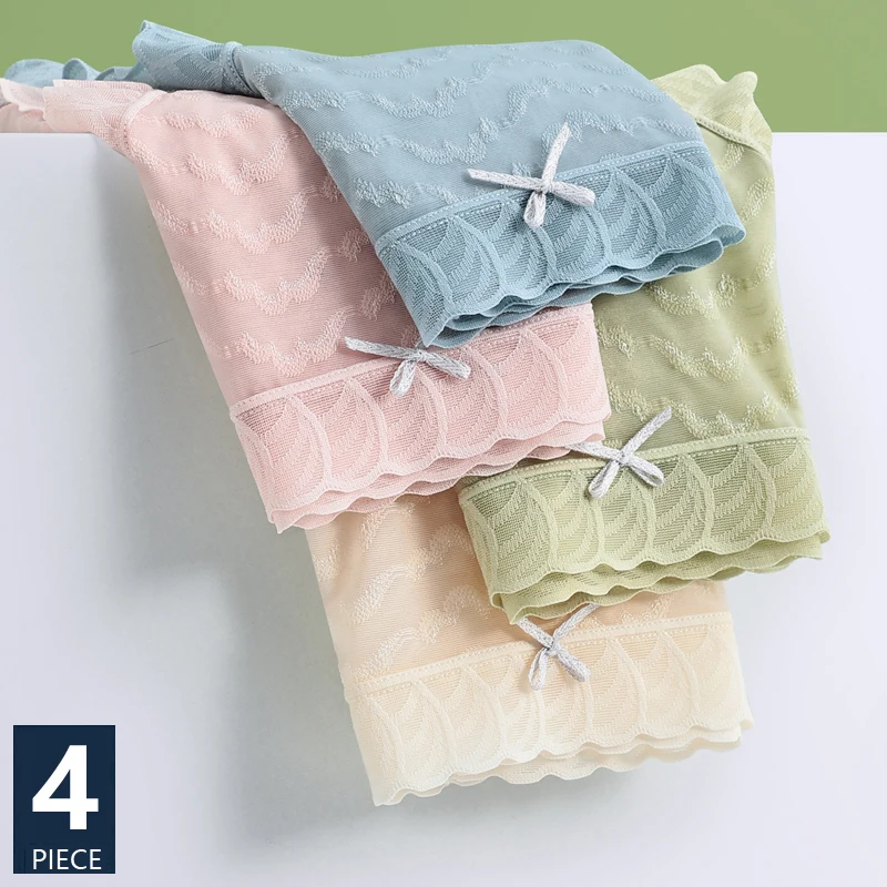 

4Pcs/Set Seamless Panties Womens Solid Underwear Cute Bow Breathable Cotton Crotch Grils Briefs Transparent Female Sexy Lingerie
