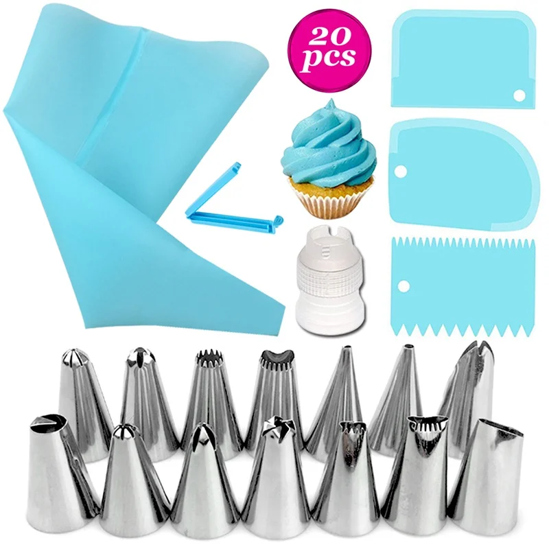 

20 Pcs Set Pastry Bag Stainless Steel Cake Nozzle Scraper Kitchen Accessories Tools Decorating Bakery Confectionery Equipment