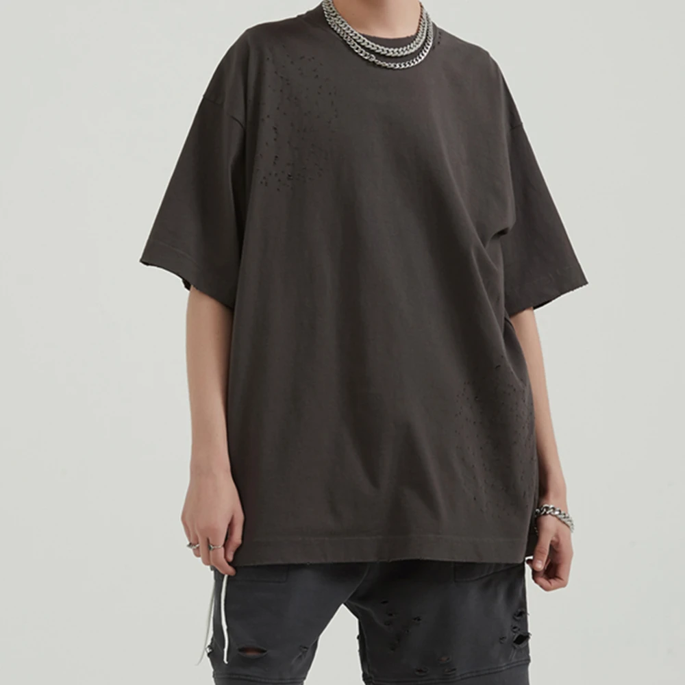 

Garment-Washed Heavy CottonT-Shirt Relaxed Fit Ripped Tee Hip Hop Streetwear