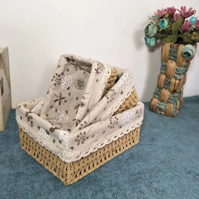 

French Storage Baskets Straw Rattan Wicker Baskets Desktop Storage Boxes Fabric Cosmetics Woven Storage Baskets Home Decor