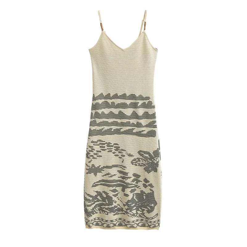 

2023 Summer French Holiday Style Jacquard Tight V-Neck Knitted Strap Dress