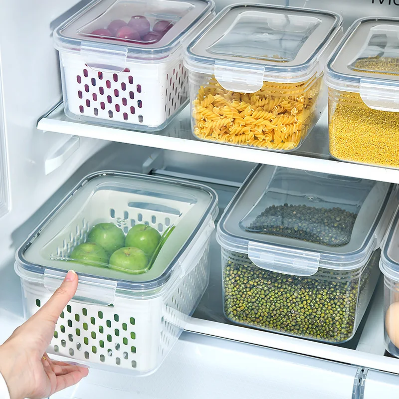 

Refrigerator Storage Box Food Fridge Organizer with Lid Draining Fresh-Keeping Kitchen Organizer Grain Fruit Vegetable Container