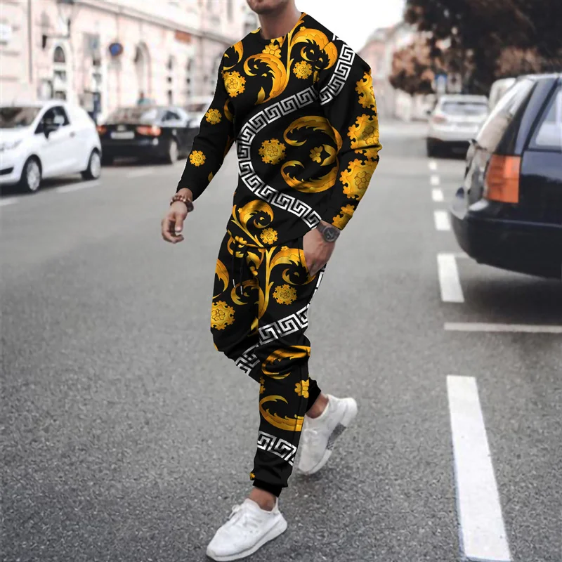 

Korean Fashion Men's Suit Summer Sportswear Men's Printed Personality T-shirt + Trousers Suit Men's Casual Jogging Suit