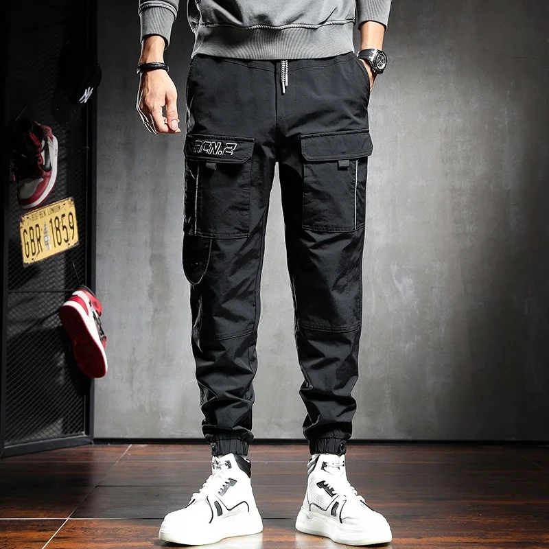 

Cargo Autumn Black Men Casual Baggy Pencil Pants Fashion Letter Embroidery Multi Pocket Sport Drawstring Joggers Trousers