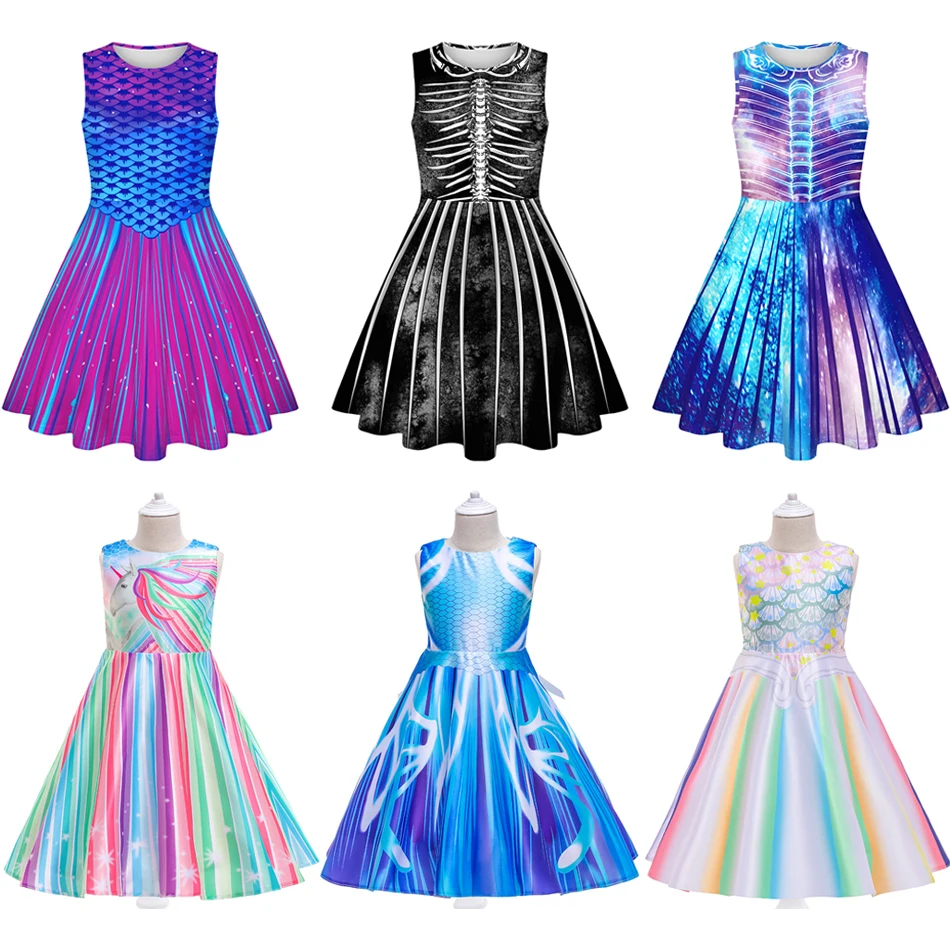 

New Multicolor Baby Girls Mermaid Digital Print Round Neck Sleeveless Princess Dress Summer Kids Fashion Gradient Party Costume