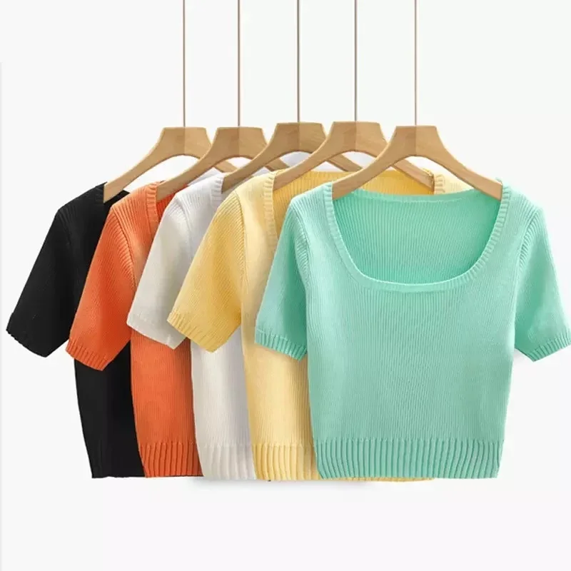 

Summer Square Collar T-shirts Women's Short Sleeve Knitted Crop Tops Casual Korean New Femal Solid Elegant Streetwear Tee