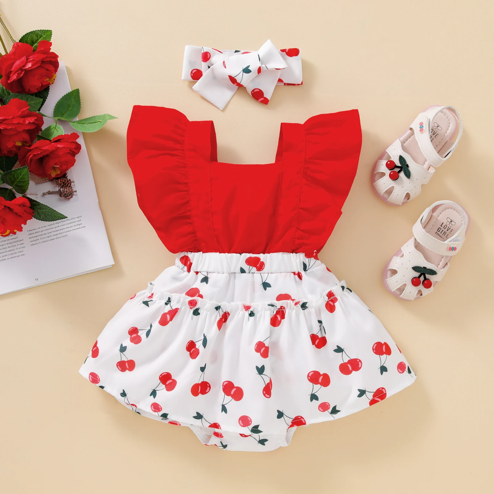 

3-18M Summer Newborn Infant Baby Girls Romper Cherry Print Ruffle Jumpsuit Playsuit Costumes D01
