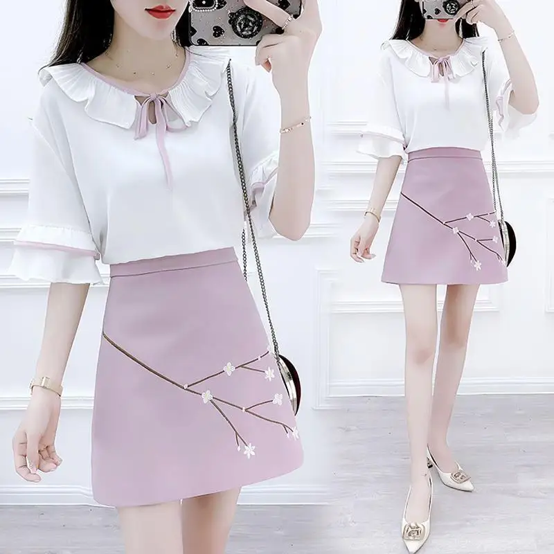 

Women 2022 Summer Fashion Suits Female Chiffon Solid Color Bow Shirt Tops and Loose A-line Skirts Ladies Two-piece Sets Y64