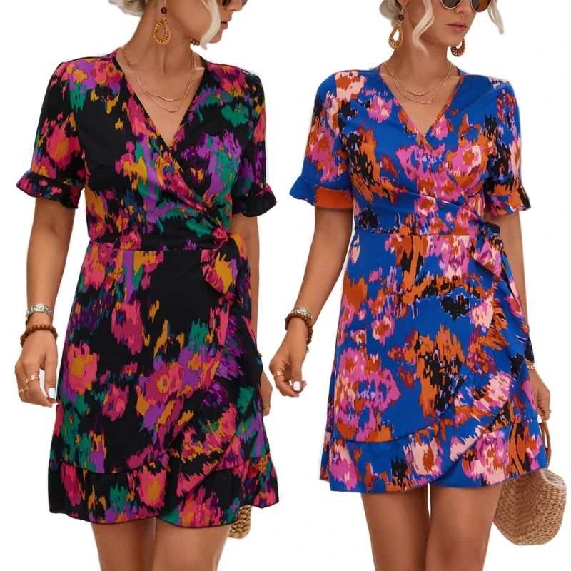 

Flared Short Sleeve Floral Wrap V-Neck Belted Ruffled Hem Mni Dress for Womens 10CD