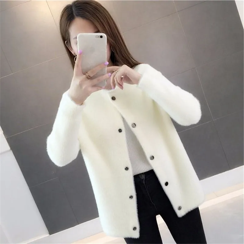 

2021 New Women's Autumn Winter Loose Velvet Sweater Coat Hairy Soft Long-sleeved Mink Fur Cardigan Jackets White Black Red Khaki