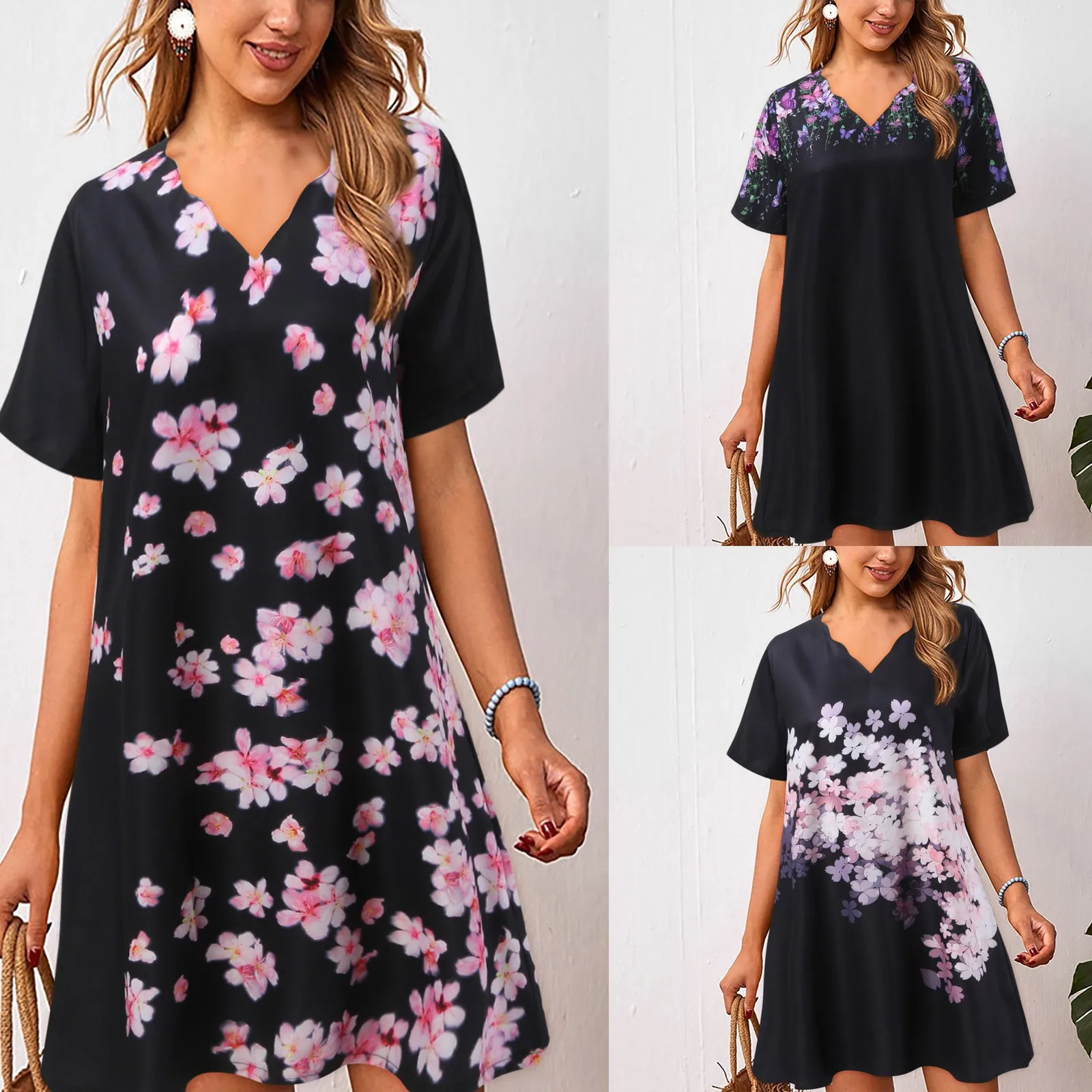 

Women Summer New Half Sleeve Knee-length Casual Office Beach Dresses Printed Casual V Neck Ladies Dress Beach Short Sleeve Dress