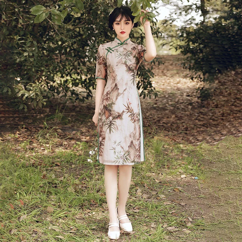 

Retro Satin Printed Slim Dress Chinese Traditional Cheongsam For Women 2022 Summer Improved AoDai Dress Mother Birthday Gifts