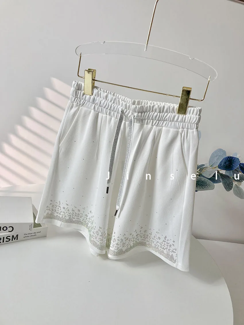 2023 New Summer Rhinestone Chic Shorts Women's High Waist Loose Temperament Shiny Cotton A-line Wide-Leg Hot Pants Booty Shorts