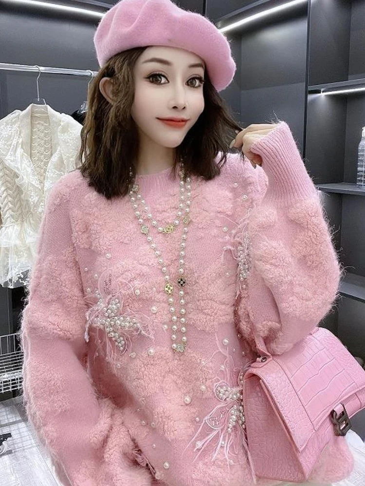 Autumn and Winter New Thickened Sweater Women Loose Korean Style Soft Glutinous Beads Flower Sweaters Top Large Size Idle Style