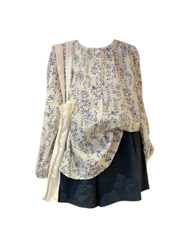 

Korean Fashion Casual Gyaru Summer Baggy All-match 2 Piece Shorts Sets Floral Print O-Neck Crop Top+Elastic Vintage Waist Shorts