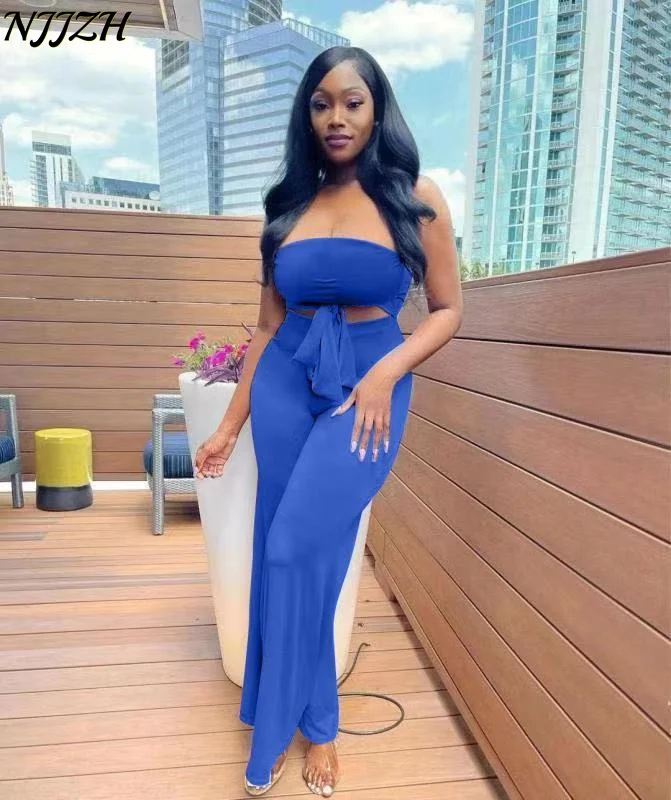 

NJJZH2022 spring Summer Fashion Women Sexy Sports Solid Strapless Sleeveless pack hip Backles High Waist Slim Leisure Jumpsuits