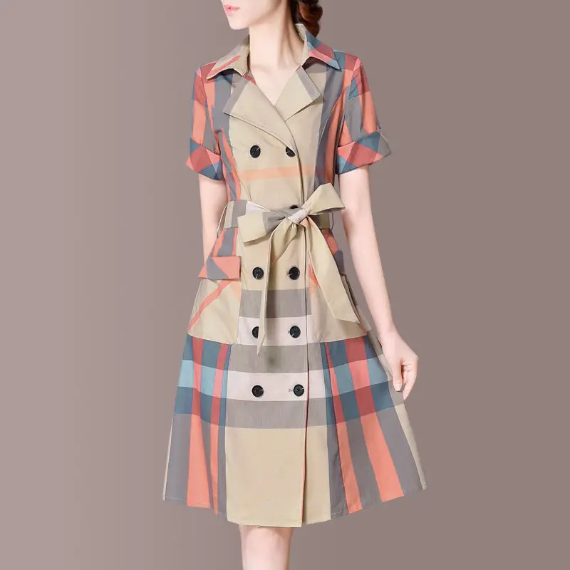 

Модные женские платья, двубортный блейзер в клетку с коротким рукавом, элегантная Офисная Женская одежда, платье-рубашка, платья, E76