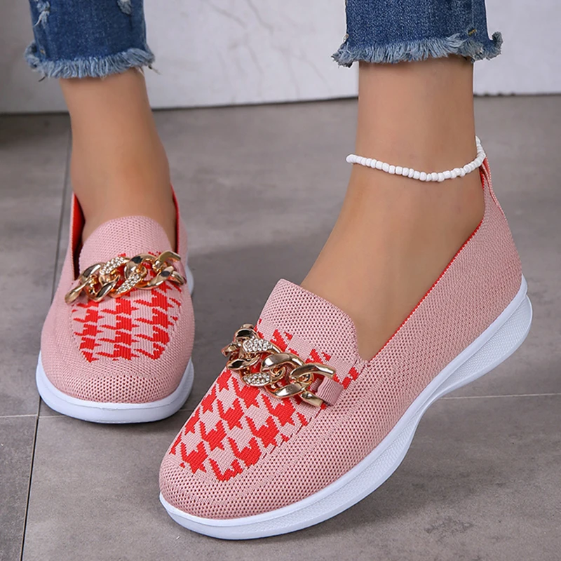 

Women's Metal Chain Shallow Flats Shoes Super Size Mix Color Mesh Knit Casual Shoes Woman 2023 Autumn Breathable Slip-On Loafers