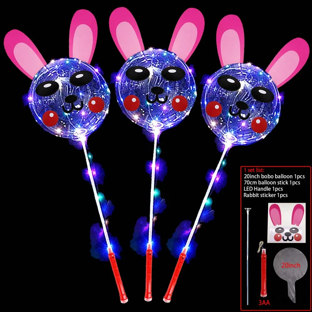 

3pcs Easter Bunny LED Balloons with Rabbit Ear Clear Glow in the Dark Bobo Ballons Colorful Neon Balloons for Easter Party Decor