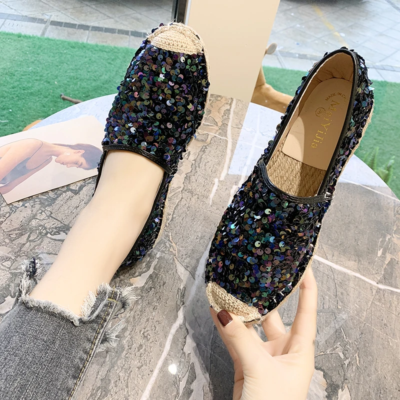 

Glitter Straw Weave Fisherman Shoes Woman Round Toe Slip on Shine Bling Flats Casual All Match Comfy Lazy Loafers Moccasins 2022