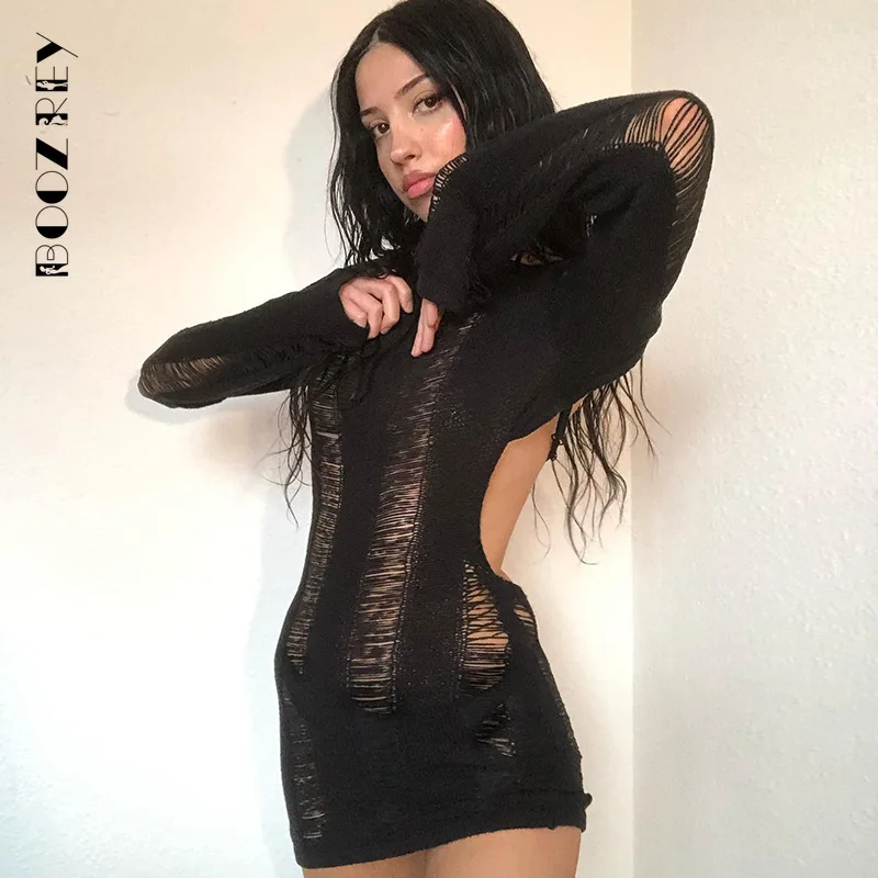 

BoozRey Summer Sexy Hollow Backless Dress for Women Lace-up Long-sleeve Slim Girl Knitted Women's Dress Club Party Clothing