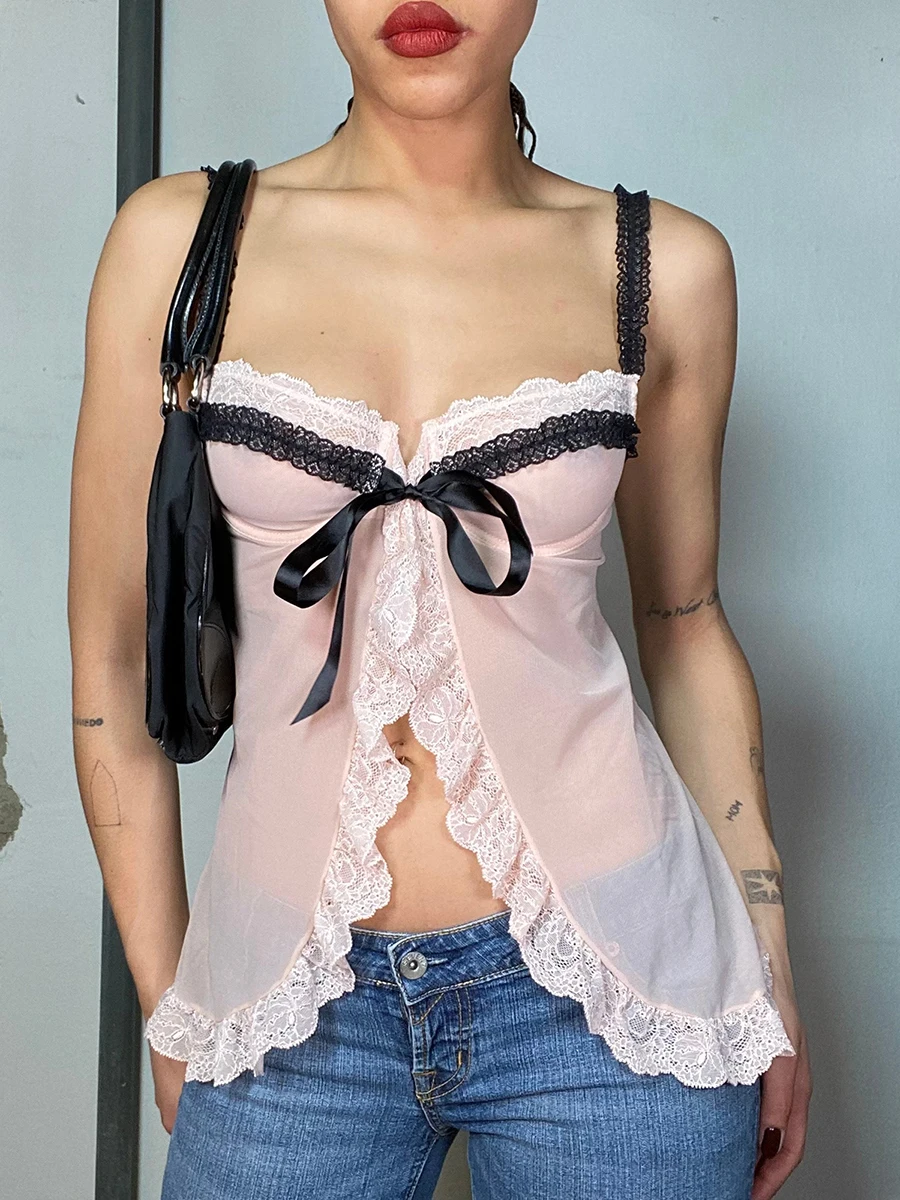 

Women's Crop Top Basic Mesh Slit Camisole Casual Outfits Summer Camis Lace Trim Sleeveless Tank Tops for Streetwear Clubwear Y2k
