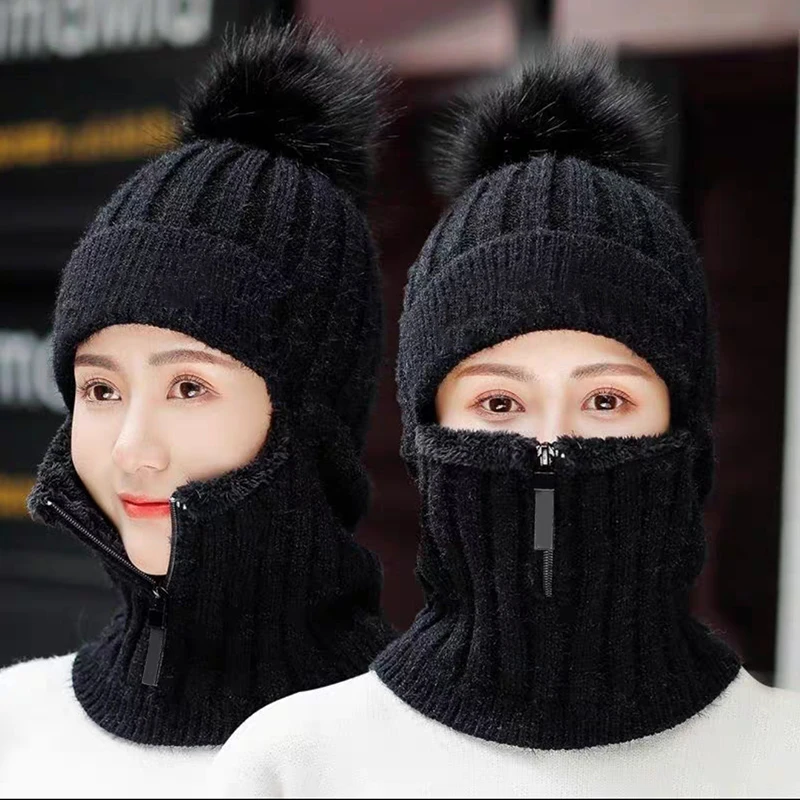 

Women Wool Knitted Hat Mask Ski Windproof Winter Outdoor Knit Thick Plush Hats Siamese Scarf Collar Warm Full Face Beanies Caps