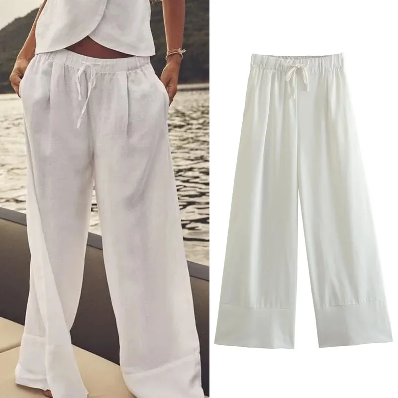 

Брюки TRAF женские с завышенной талией, длинные штаны с регулируемым эластичным поясом, штаны с завязками, широкие брюки, Дамская одежда, на лето