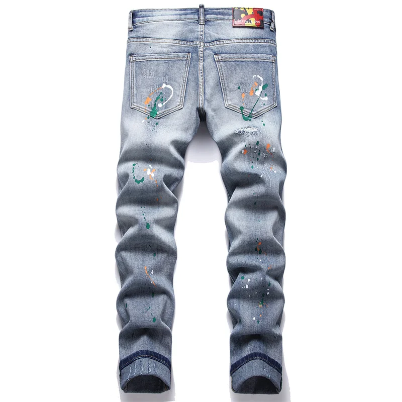 Men's Colorful Graffiti Printed Jeans Y2K Colorful Slim Fit Tapered Elastic Casual Pants Fashion Street Clothing Small Foot Pant