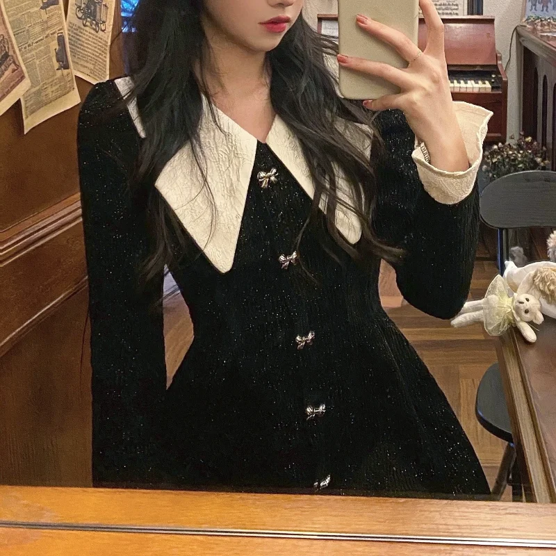 

2021 Winter Elegant Dress Women Long Sleeve Black Y2k Mini Dress Kawaii Evening Party One Piece Dress Korean Gothic Clothing