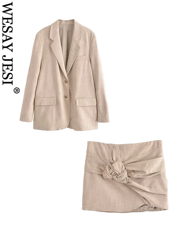 

WESAY JESI TRAF 2023 Women Fashion Straight Blazer Coat+Flower Decoration Mini Skirt Spring Summer Female Elegant 2 Pieces Sets
