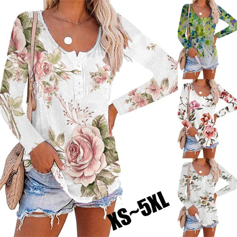 

Cheap Women Clothing And Free Shipping Offers 2023 Flower Print Casual Long Sleeve Tops Round-Neck Blouses Button Loose T-Shirts