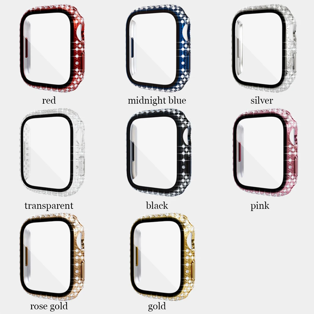 Diamond Watch Case Built-in Tempered Glass for Apple Watch 8 7 41mm 45mm PC Screen Protector Bumper Tempered iwatch Accessories