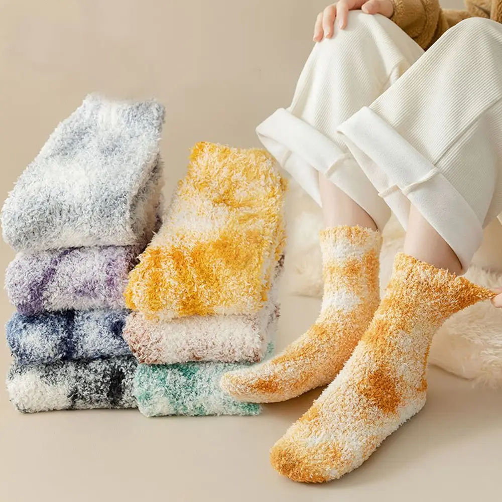 

Creative Tie Dye Socks Thick Warm Coral Fleece Mid Tube Socks Simple Fashion Checkerboard Pattern Socks