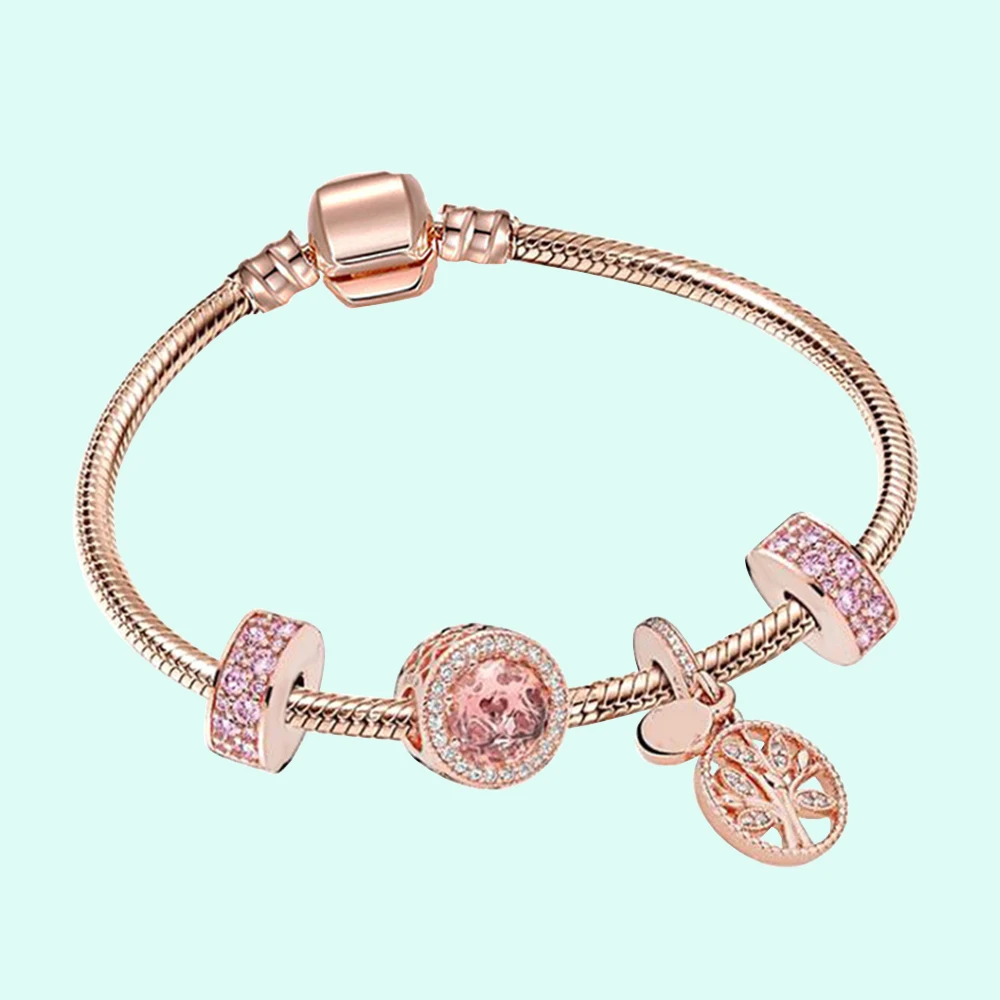 

Rose Gold Family Tree Diamond Snake Bone bracelet 925 Silver fit Making Romantic Feast Jewelry Gift For Woman