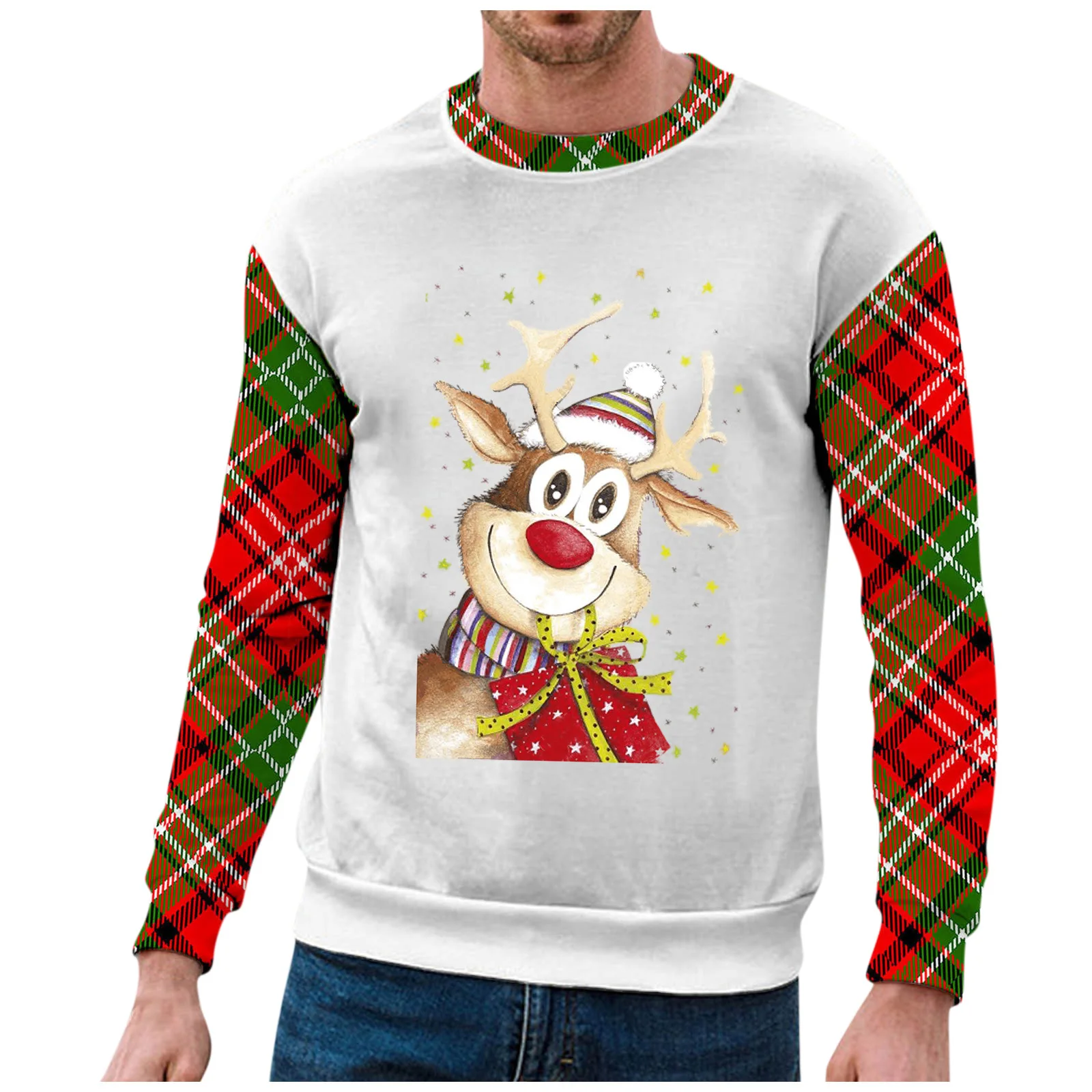 

Mens Casual Sweatshirt Top Elk Printed Long Sleeve Harajuku Hip Hop Pullover Christmas Streetwear