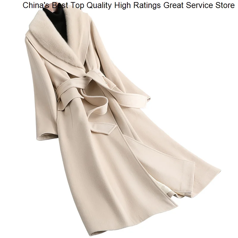 

90%Wool Women Hwitex 10�shmere Winter Coat Goose Down Jackets Minimalist MInk Fur Collar Long Coats Trench Overcoat HW2204