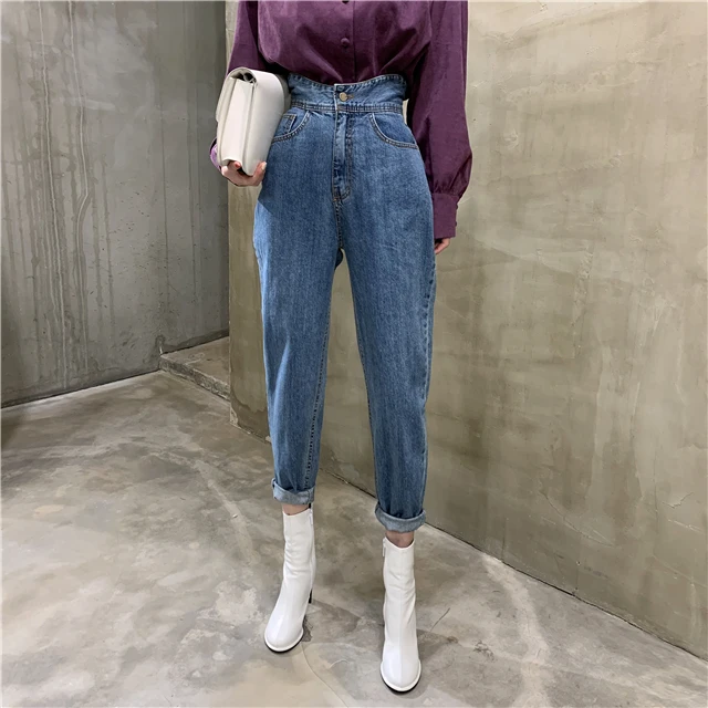 2021 New Vintage Women's High Waist Jeans Pants Blue Streetwear Loose Straight Denim Trousers Button Chic Pants Female Pockets