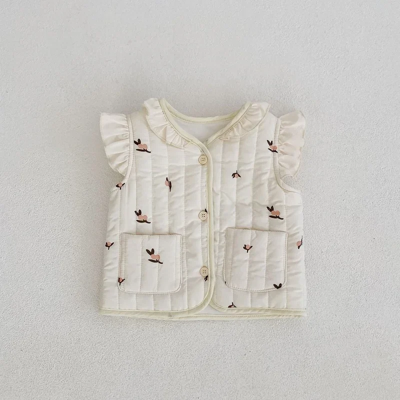 

2023 Winter Baby Girl Waistcoat 0-3Years Newborn Kids Fly Sleeve Print Fleece Thicken Warm Cardigan Vest Outerwear Kids Clothes