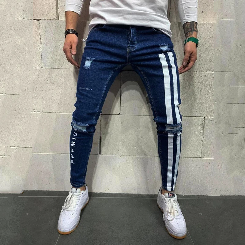 New European and American men's ripped elastic skinny jeans Trendy trousers for young students match fashion men's pants