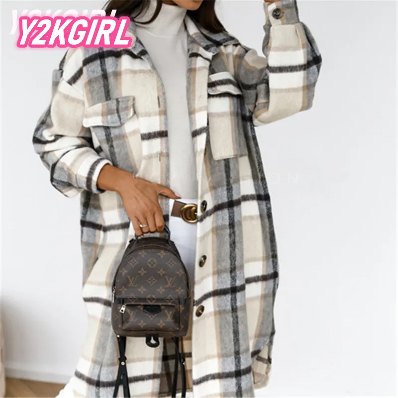 Y2KGIRL Spring Autumn Checked Women Jacket Down Overcoat Plaid Long Coat Oversize Blends Retro Female Streetwear Button Cardigan