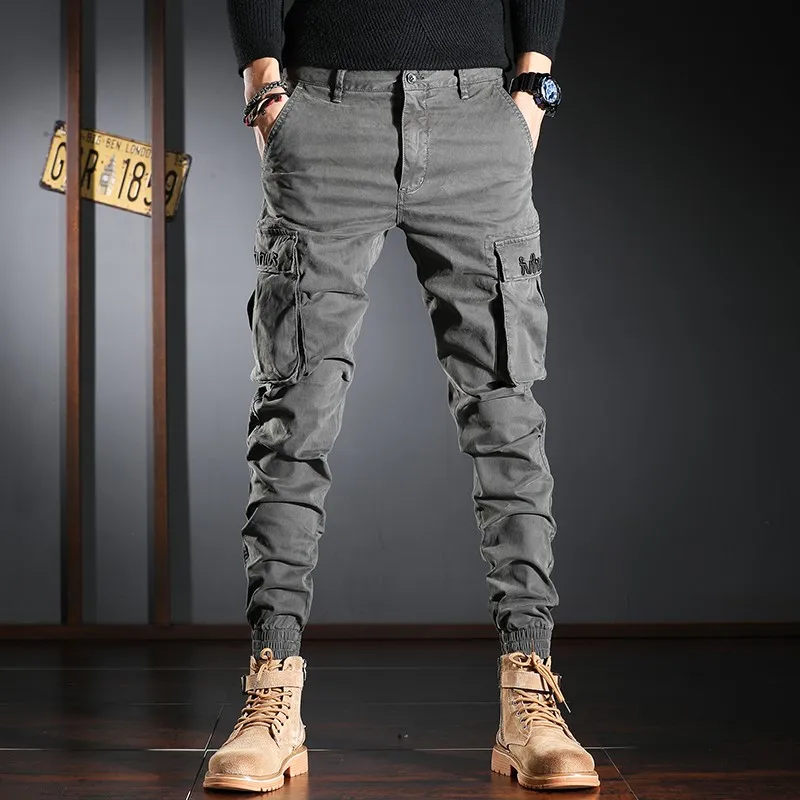 Streetwear Fashion Men Jeans Khaki Color Big Pockets Casual Cargo Pants Hombre Embroidery Designer Hip Hop Joggers Men Overalls