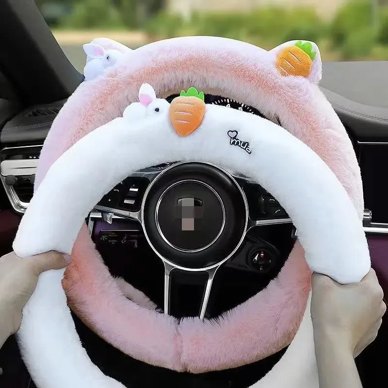 Car Steering Wheel Cover for Girls Female Winter Plush Cute Pink Cartoon Interior Furry Decoration 38cm Warmth Handle Cover